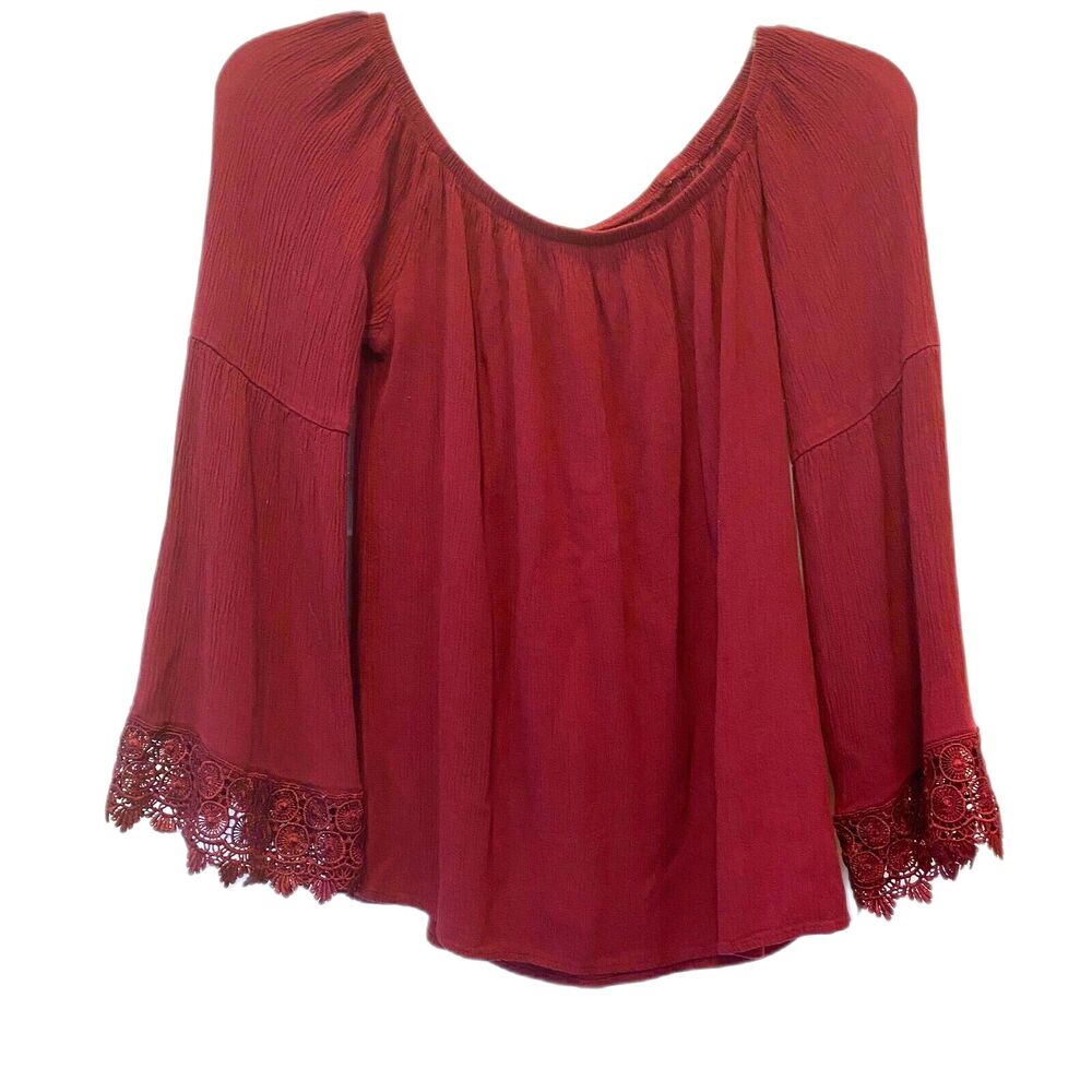 Boho Peasant Blouse M Sculptured Lace Bell Sleeves Burgundy Elastic Neckline - Picture 2 of 6